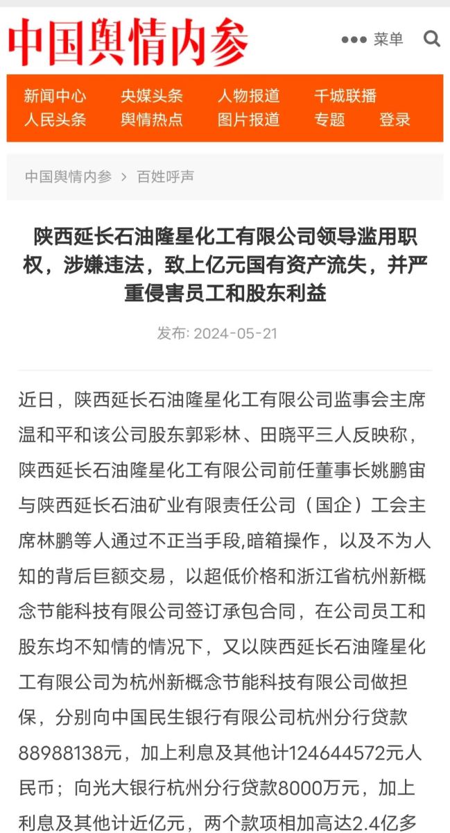 陝西延長石油隆星化工有限公司領導濫用職權致上億元國有資產流失